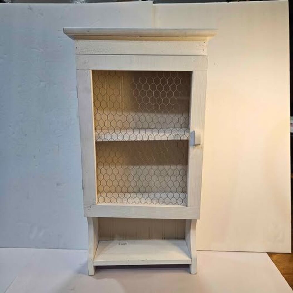 Rustic White Farmhouse Wall Cabinet with Chicken Wire Door